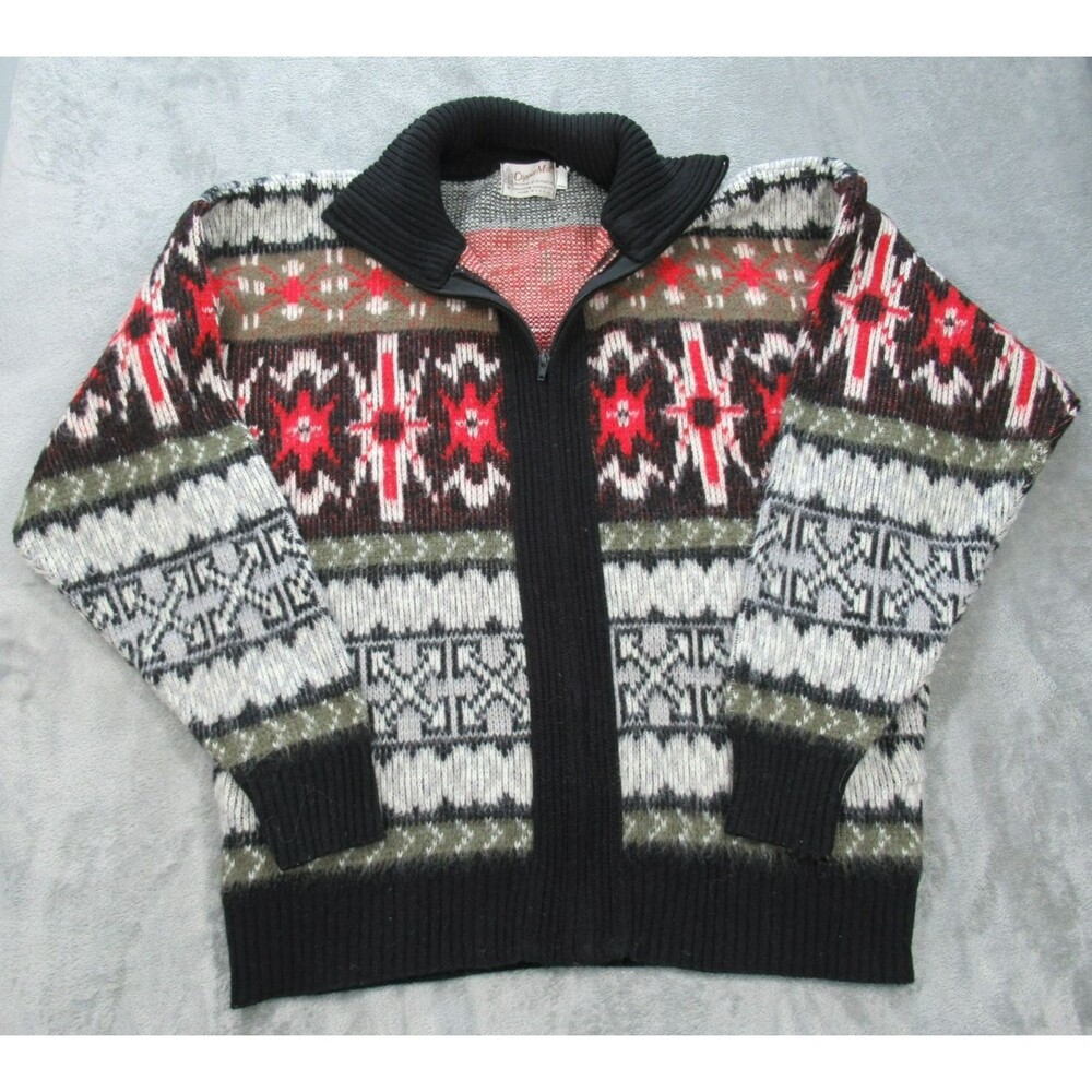 Vintage 70s Clipper Mist Sweater Men's Large Red Black Full Zip Made In USA